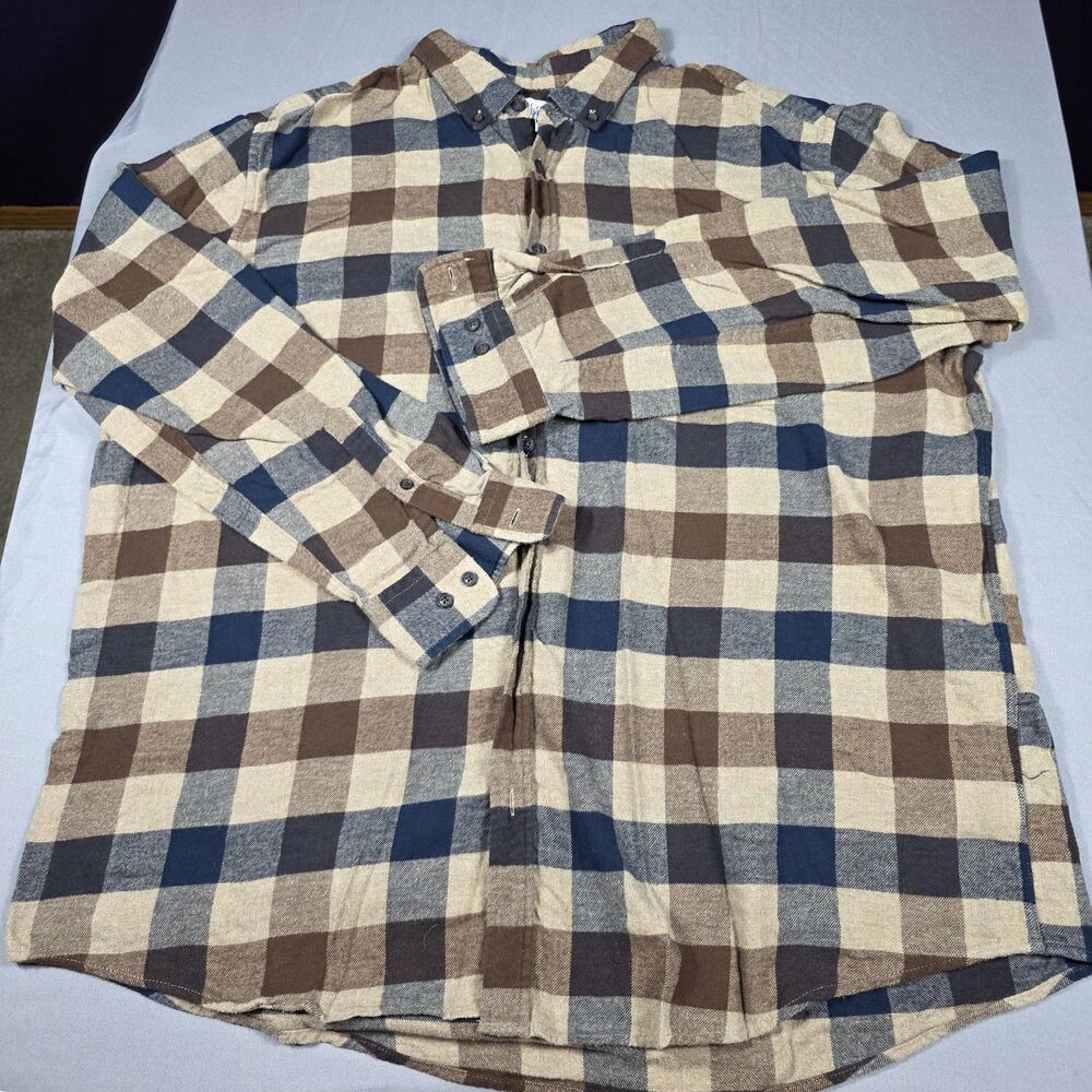 Croft & Barrow Long Sleeve Flannel Checkered Plaid Shirt Mens Sz XXL Brown Blue